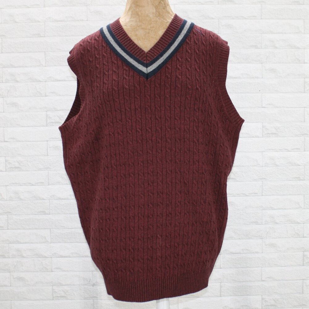 ROUNDTREE & YORKE Vest Knit Wool Blend Cable Stitch Striped V-Neck Burgundy M